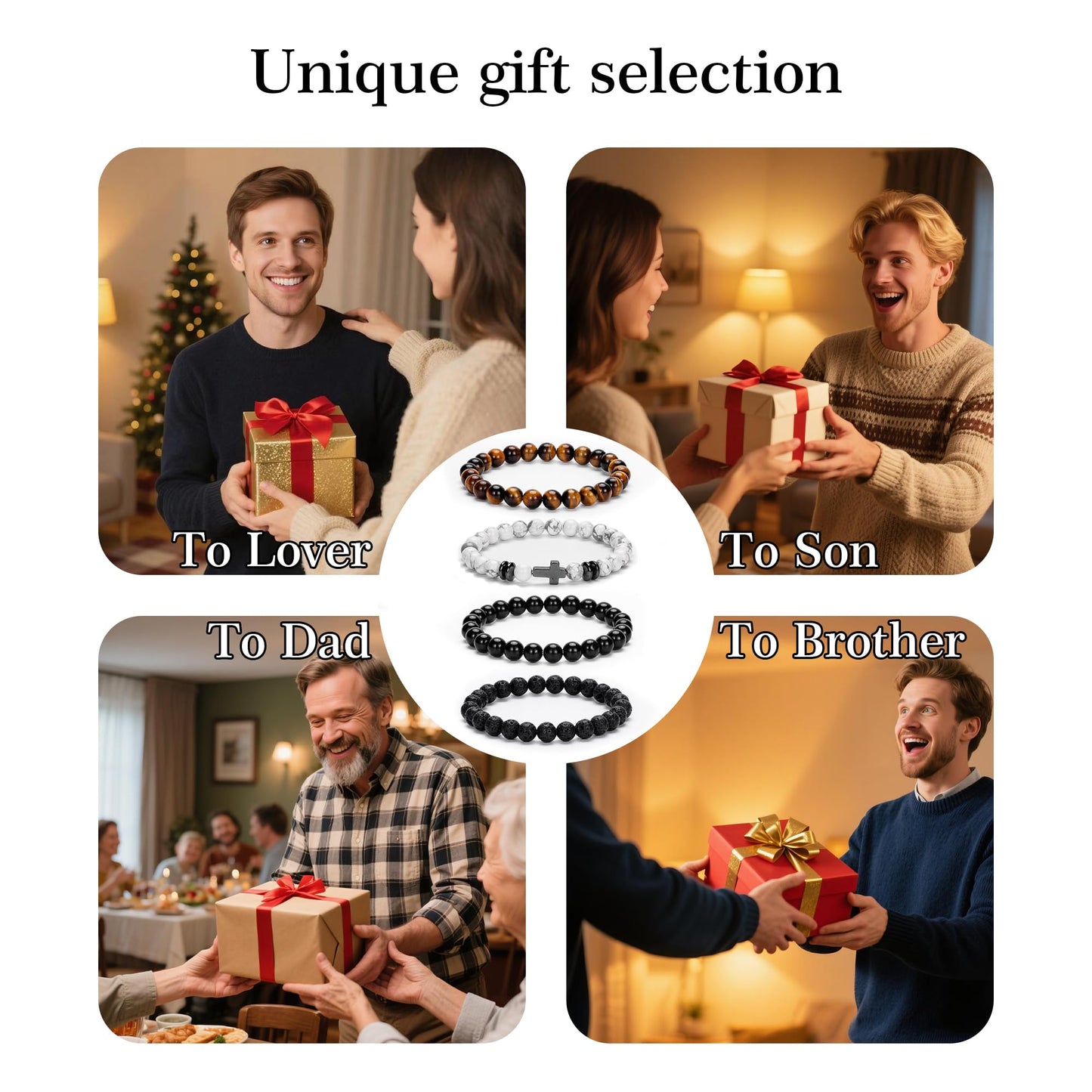 Crystery Men Beaded Bracelets, 8mm Natural Stone Bracelet, Healing Crystal, Jewelry Gifts for men, Triple Protection, Howlite, Tiger Eye, Black Obsidian Beads Bracelets, Lava Rock, Pack of 4