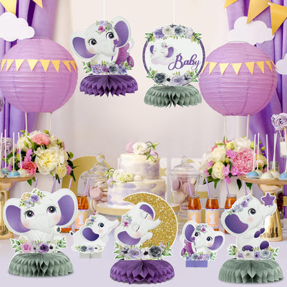 12 Pcs Purple Floral Elephant Honeycomb Centerpieces - Girl Baby Shower Party Table Decorations - Welcome Baby Party Table Toppers - Photo Props Decor