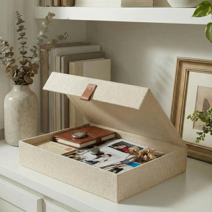 ZICOTO Decorative Photo Storage Box with Lid - A Beautiful Linen Organizer Perfect to Safely Store Your Pictures, Documents, Scrapbooking Supplies, Keepsakes and Other Memories in Style