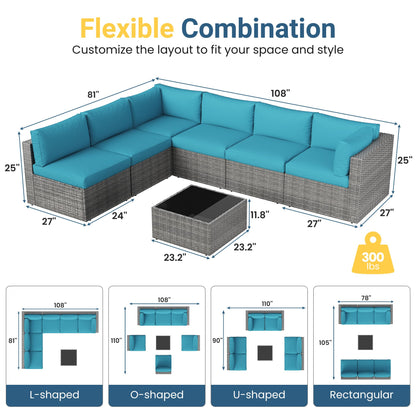 May in Color 7 Pieces Wicker Outdoor Patio Furniture Set, Patio Sectional Sofa with Coffee Table, All-Weather Outdoor Sectional Furniture for Garden Backyard, Light Blue