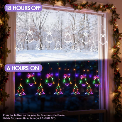 NWLIGHT Christmas Window Lights 140LED, 9ft Christmas Curtain Lights with Tree Bell 8 Modes Xmas String Lights Decorations for Bedroom Wall Window Indoor Outdoor Party Decor