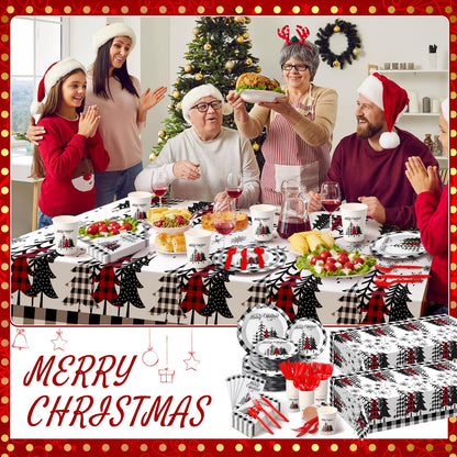 Dandat 402 Pcs Disposable Party Supplies - Christmas Plates Napkins Cups Tablecloth for Holiday Xmas (Black White, Christmas Tree)