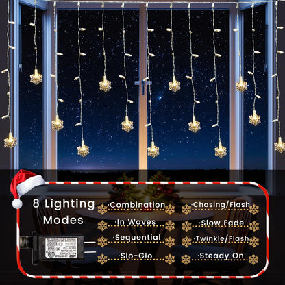 LitTerra Icicle Lights for Outside 180 LED 26.4ft 30 Drops Icicle Christmas Lights Outdoor Snowflake with 8 Mode Function Curtain String Lights Indoor for Patio Garden Bedroom (no Remote, 1)