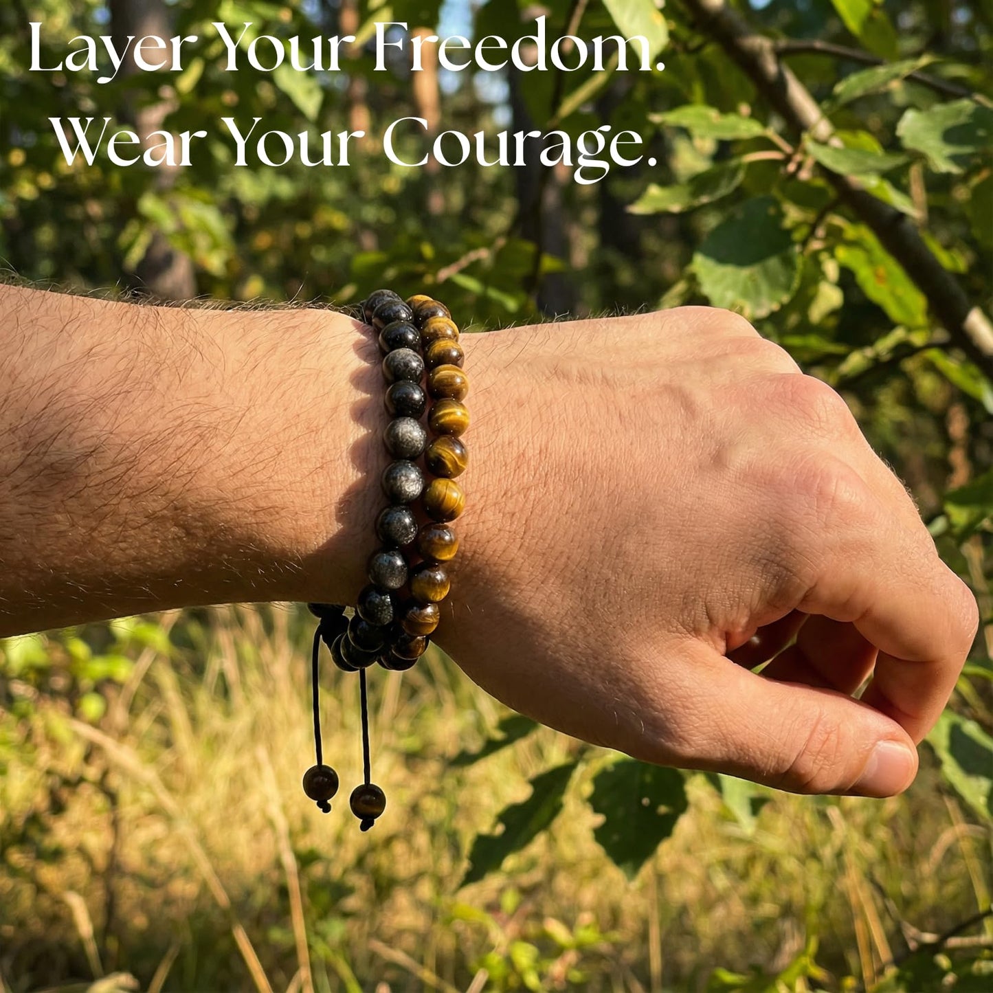 Atminafays 6MM Stackable Healing Bracelet for Women & Men - Tiger's Eye & Obsidian for Courage & Protection, Adjustable Boho Beaded Bracelet