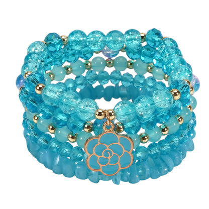 LOTSOF Boho Flower Beaded Bracelet Set for Women - Multilayer Crystal & Flower Charm Stackable Bracelets, Fashion Jewelry Gift for Her (Blue)