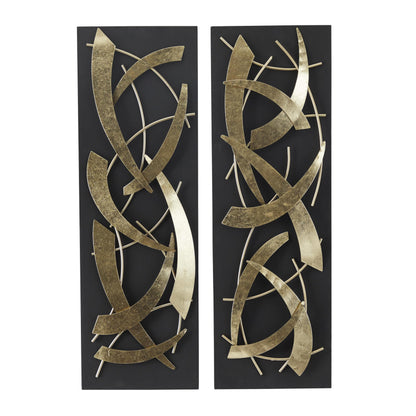 Deco 79 Metal Abstract Home Wall Decor Dimensional Wall Sculpture with Black Wood Backing, Set of 2 Wall Art 12"W, 36"H, Gold