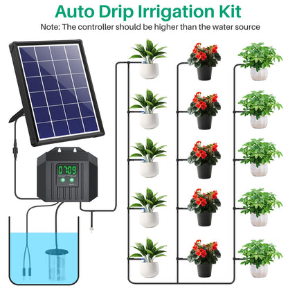 NFESOLAR 4W Solar Powered Automatic Drip Irrigation Kit with LCD Timer, Customizable Watering Duration 1–30min & Interval 3h–7d, Solar Irrigation System for 15 Potted Plants, Garden, Patio, Vacation