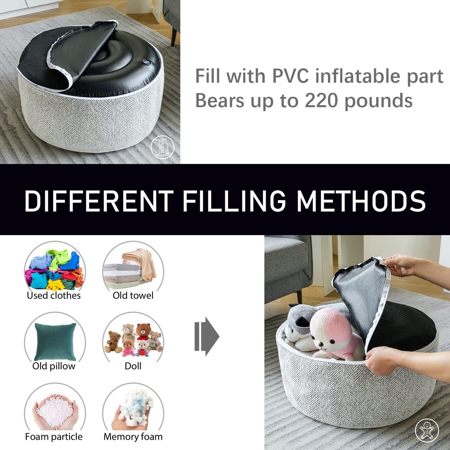 weruisi Inflatable Pouf Ottoman, 21x10 Inches Stuffed Chenille Ottoman with Inflatable PVC Liner, Foot Rest with Portable Handle, Round Floor Pillow for Living Room, Bedroom, Kids Room
