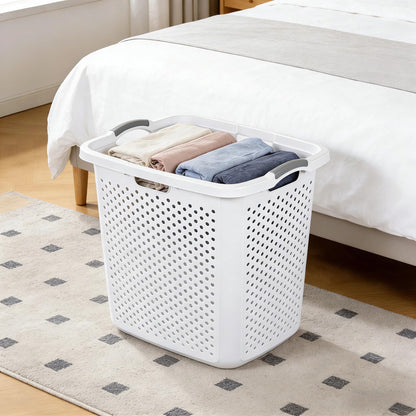 Plastic Laundry Hamper – 2.5 Bushel Large Capacity Basket with Handles, Sturdy White Clothes Hamper for Bedroom, Bathroom & Dorm
