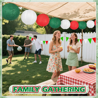 13 Pcs Red White Green Italian Party Decorations Set, Hanging Paper Lanterns & Fans, Mexican Fiesta Decor, Christmas Holiday Supplies, Reusable Eco-Friendly Party Backdrop Kit