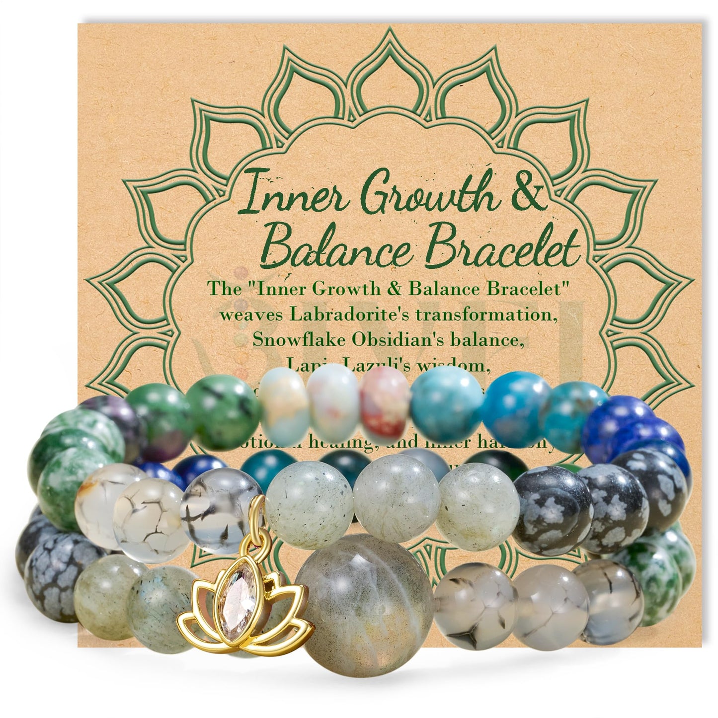 Bivei Beaded Bracelets for Women with Lotus Charm Healing Gemstone Crystal 7 Chakra Bracelet Natural Stretch Bracelets Set for Women Yoga Meditation Anxiety Stress Relief Jewelry(Green)
