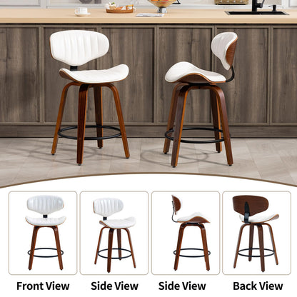 CHIDOCHILO Counter Height Bar Stools Set of 2, 24 inch PU Leather Wooden Bentwood Barstools Swivel Modern Breakfast Bar Chairs with Backrest and Footrest for Kitchen Island, Dining Room D035-White-2