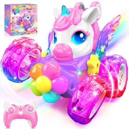 Zmpolir Unicorn RC Cars for Girl Toys with Glowling Crystal Wings & Eyes Lights, 360° Rotation Remote Control Car Pink Unicorn Stunt Car Kids Toys Birthday Gifts for 3 4 5 6 7 8 9 10 Year Old Girls