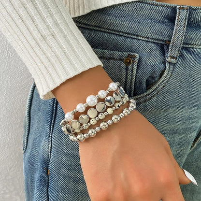Mexegy Layered Silver Plated Pearl Beaded Stretch Bracelet for Women,Stacked Disc Coin Bead Elastic Bracelets Bohemian Party Holiday Jewelry Accessories Gift(Silver)