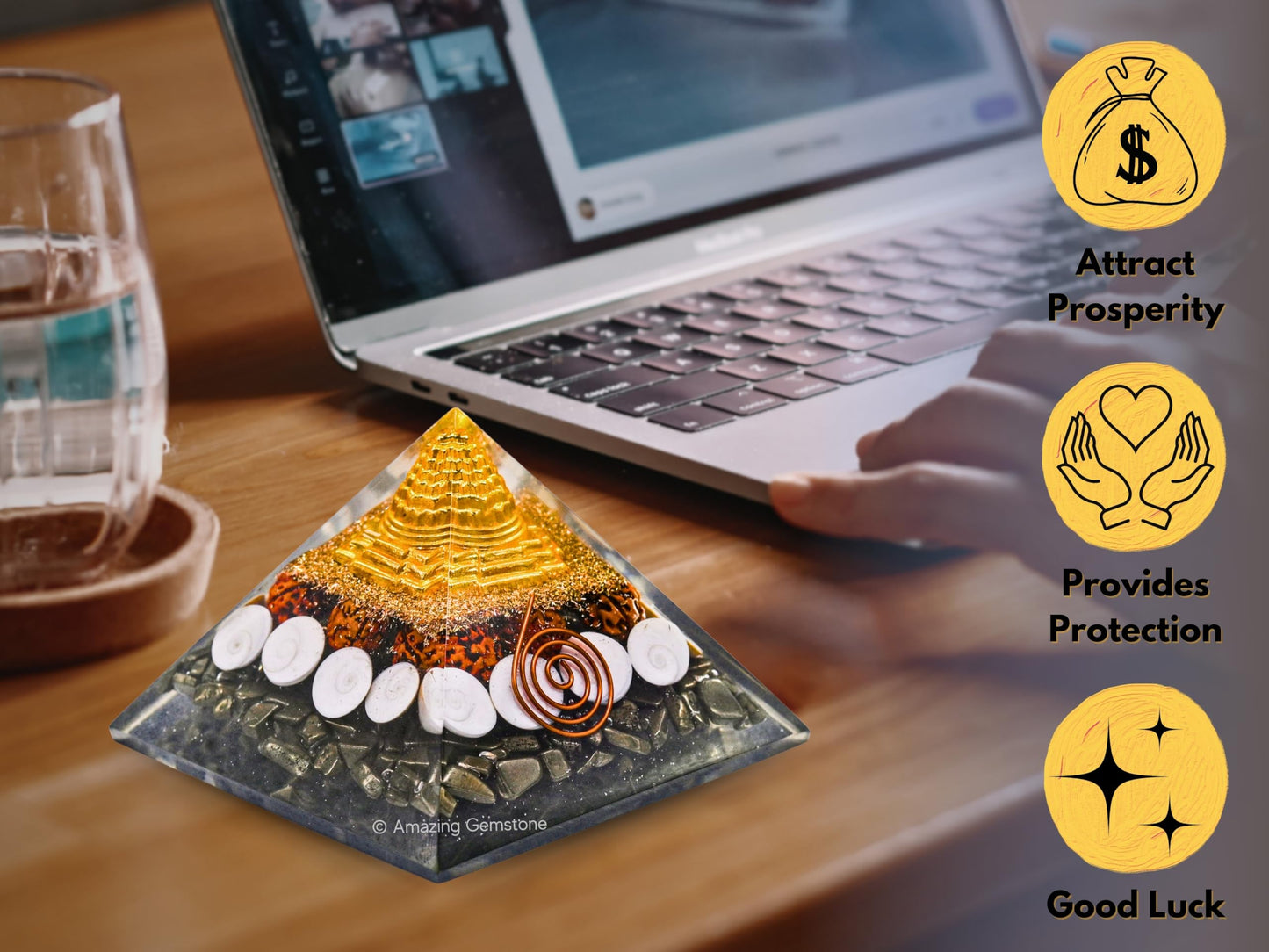 Amazing Gemstone Orgone Pyramid for Money Magnet Pyrite Crystals with Rudraksha, Gomati Chakra, Shree Yantra - Authentic Orgonite & Organite Gifts to Atrract Money Wealth Pooja, Financial Growth