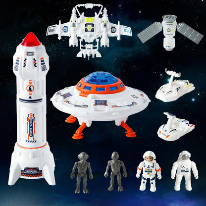Wbzle Rocket Ship Toy, UFO Spaceship Toy Set with Alien, Space Toys with Lights and Sound, Astronaut Figure Playset, STEM Toddler Educational Toys for Boys 4-6 Year Old