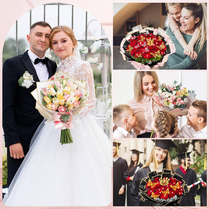 449Pcs Flower Bouquet Wrapping Accessories with Floral Wrapping Paper Gold Crowns Butterfly Decorations Gem Pins and Wooden Sticks, Ribbons for Money Bouquet Mother's Day Baby Shower Graduation