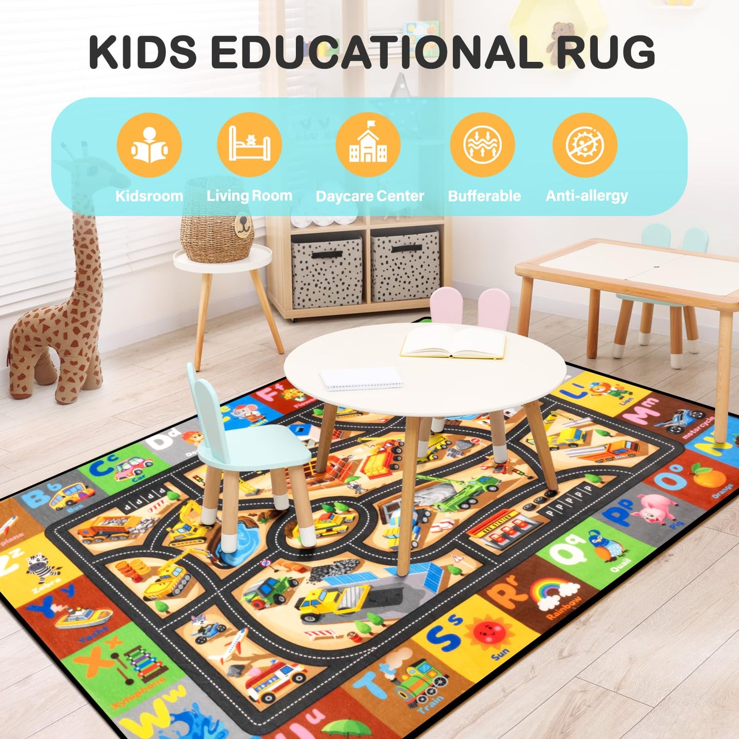 Diysani Construction Site Play Rug 6x9FT Car Rug for Kids Toy Cars Non-Slip Car Carpet Baby Play Mat for Floor Washable ABC Alphabet Playroom Nursery Preschool Daycare Classroom Carpet