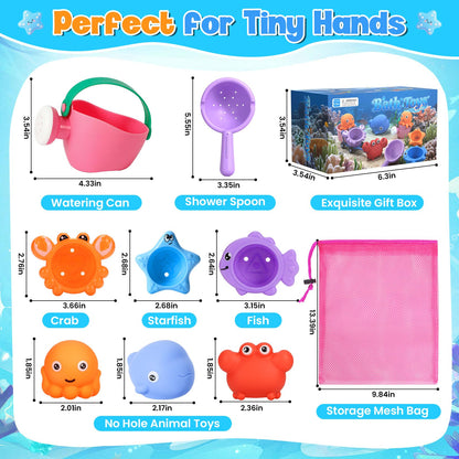 9 PCS Baby Bath Toys for Kids Ages 1-3, Toddler Bath Toys for 2-4 with 3 No Hole Squeezing Marine Animals Toys, Bathtub Beach Sand Water Table Toys for 1 2 3 Years Old Girls Boys Gifts