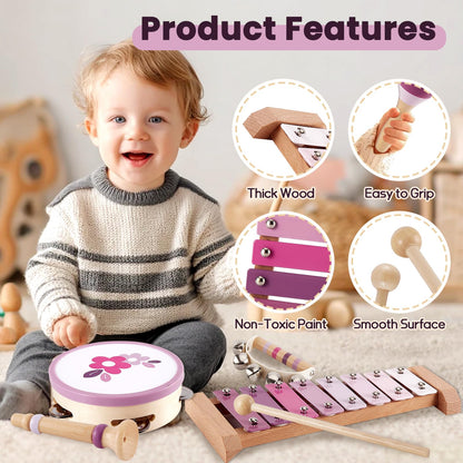 BUYGER Baby Musical Instruments with Xylophone, Wooden Percussion Instruments Sets with Storage Bag, Montessori Educational Gifts for 1 2 3 Years Old Boys Girls Kids Toddlers
