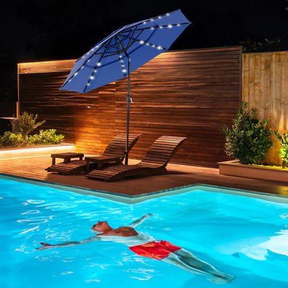 DUMOS 10FT 3 Tier Patio Umbrella with 32 LED Lights, 8 Ribs Outdoor Table Umbrella with Crank, Waterproof Market Umbrella for Pool, Beach, Terrace and Outdoor Restaurant, Navy Blue