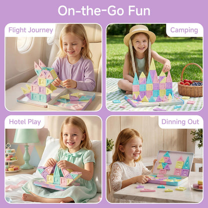 STEM MATCH Mini Magnetic Tiles Girls Travel Set: 40 PCS Macaron Building Block with Tin Box - 90 Mins Quiet Play 45s Cleanup - Fly Trip Road Trip Toys for Kids Age 3 4 5 6