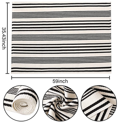 BUAGETUP Black and White Outdoor Rug 3'x 5' Cotton Woven Washable Rug Striped Front Porch Rug Area Rug Floor Mat for Farmhouse/Layered Door Mats/Living Room