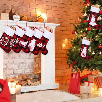 Aodaer 16 Pack Felt Christmas Stockings 18 Inches Red Black Buffalo Plaid Xmas Fireplace Hanging Stockings with Santa Snowman Reindeer Pattern Holiday Hanging Decorations for Christmas Party Favors