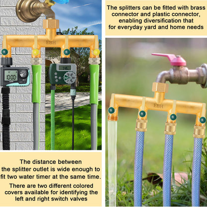 EBH Brass Garden Hose Splitter, 4-Way Heavy Duty Hose Splitter, Outdoor Faucet Manifold, with Extended Metal Handle and Individual On/Off Valve Spout, 3/4” GHT Threads
