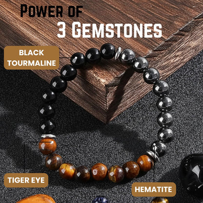 AKDNZ Triple Protection Bracelet for Women & Men - Black Tourmaline, Tiger Eye & Hematite Bracelets, Natural Healing Crystal Stone, Men's Beaded Bracelet for Father & Mother Day, Christmas & Birthday