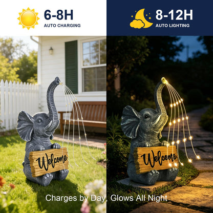 KVR Solar Elephant Statue with Welcome Sign, Outdoor Garden Decor with Warm White Steady-On String Lights, Waterproof Resin Figurine for Front Porch, Patio, Yard, Housewarming Gift
