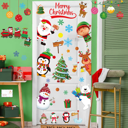 Christmas Wall Decals Stickers 142PCS Removable Merry Christmas Wall Decorations Xmas Bathroom Fireplace Decor Santa Claus Snowman Reindeer Door Decal Indoor