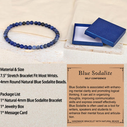 LPBeads Handmade Natural Gemstone Stretch Elastic 4mm Blue Sodalite Bracelet Healing Crystal Round Stone Beads Jewelry Gifts for Women Men