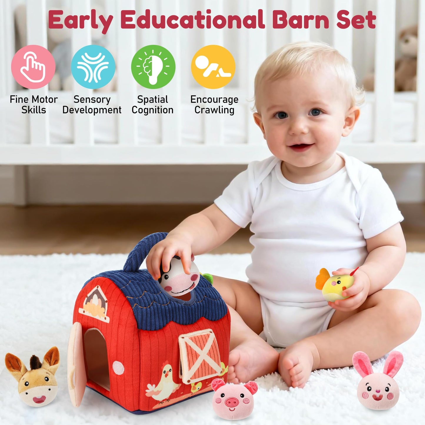 Baby Toys 6-12 Months - Soft Plush Surprise Barn Stuffed Farm Animals, Rattle, Crinkle, Mirror, Montessori Toys for Babies Sensory Toys for Toddlers 1-3, Baby Stocking Stuffers