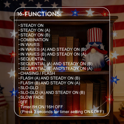 JUSTPRO 100 LED Patriotic Star Lights with Flexible Copper Wire, Plug-in Powered, 8 Lighting Modes for National Day Holiday Indoor Outdoor Decor
