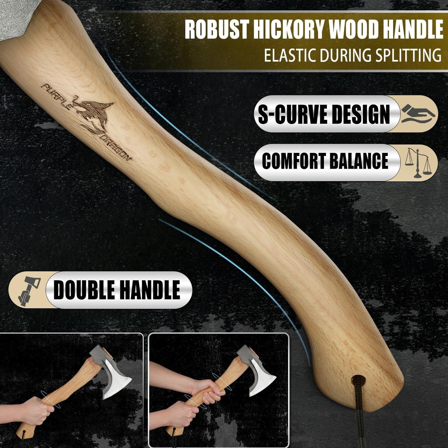 Purple Dragon Camping Hatchet 14.7 Inch Hand Forged Splitting Axe - Outdoor Wood Splitting Chopping & Carving Tool with Leather Sheath Bushcraft Survival Wooden for Men and Women