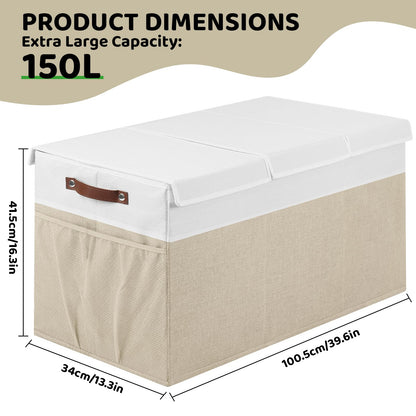 ISEMINGLA Extra Large Foldable Toy Chest with Lid,Collapsible Kids Toy Storage Box Organizer,Large Fabric Storage Bin for Nursery Playroom Bedroom Living Room,40”x18”x14”,White & Beige