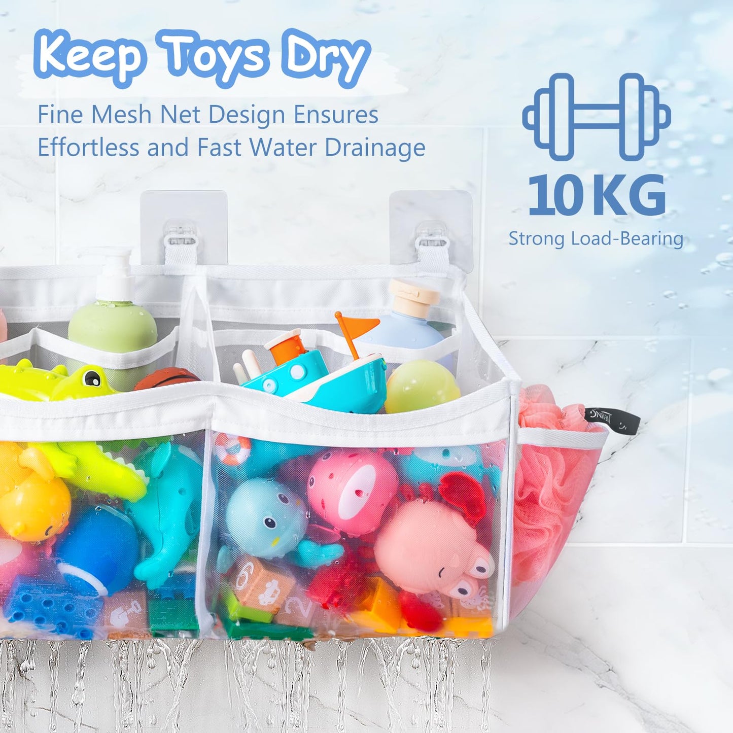 Criusia Extra Large Bath Toy Organizer with 3 Compartments and Multiple Pockets, Quick-Dry Mesh Bathtub Storage for Kids' Toys