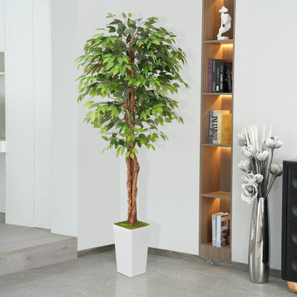 Waoops Artificial 7Ft Ficus Silk Tree with Tall Planter - Faux Plants Indoor with Natural Wood Trunk - Large Tall Fake Plants for Home Office Living Room Patio Decor