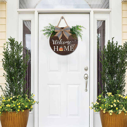 Yonuni Interchangeable Welcome to Our Home Sign, Equipped with 16 Replaceable Icons, Farmhouse Front Door Signs Wooden Wreath Suitable for All Seasons Holiday Halloween Christmas (12x12 Inch)