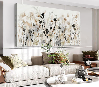 Framed Flower Canvas Wall Art Abstract Grey Cream Brown Wildflowers Canvas Pictures Landscape Artwork Canvas Prints for Home Living Room Bedroom Kitchen Office Wall Decor Ready to Hang 24"x 48"