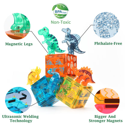 MEGAGONTILES Dinosaur Magnetic Tiles Set 106PCS | STEM-Authenticated Magnet Building Blocks with Dinosaur Animals | Educational Construction Toy for Toddlers & Kids Ages 3–8 (Boys & Girls)
