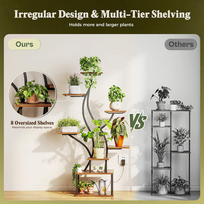 PRAISUN 51.3 Inch Plant Stand with Grow Light, 6 Tiered Indoor Plant Shelf with Larger Flower Holder, Pine-Shaped Stand, 3 Light Modes, Open Base, Corner Plant Rack for Living Room, Rustic Brown