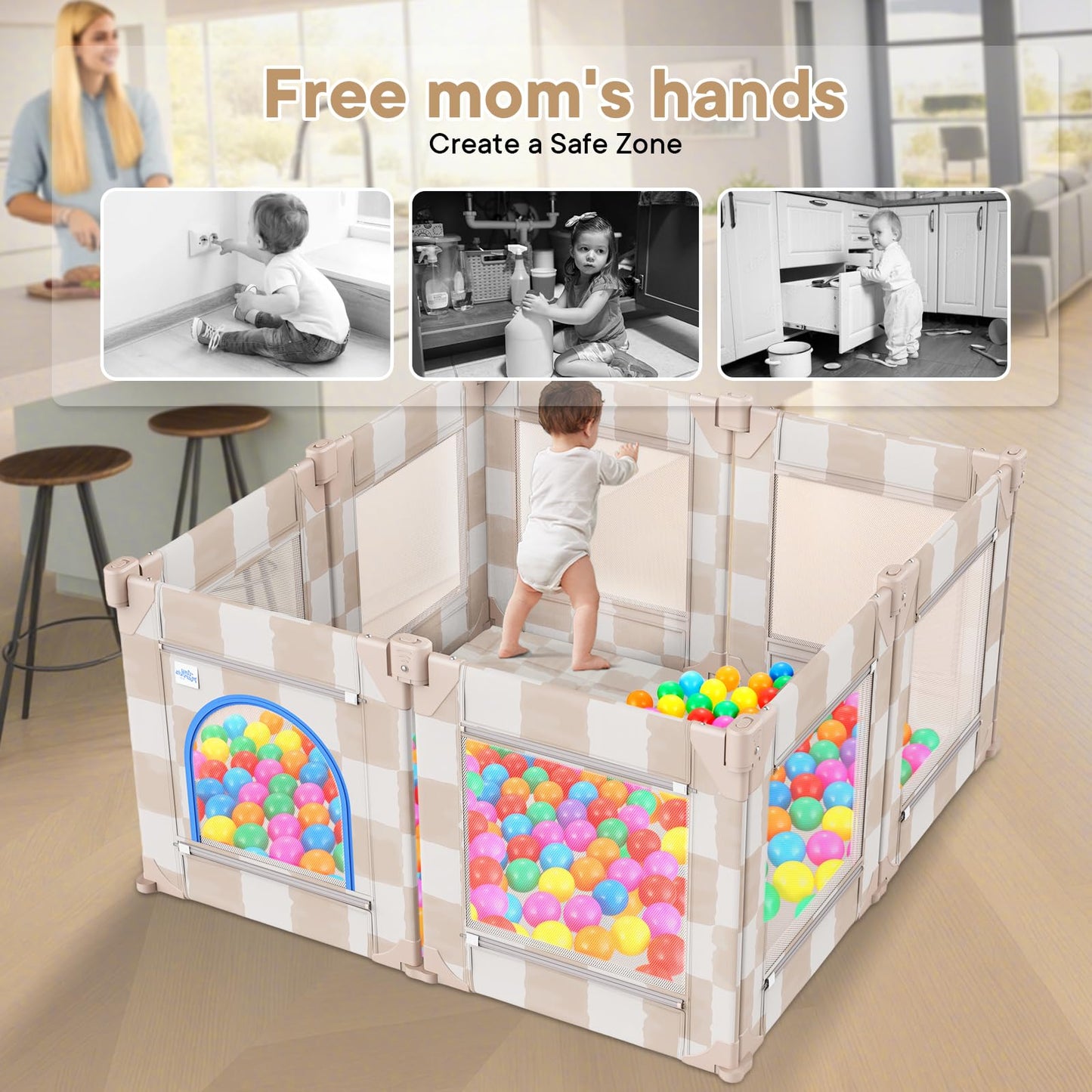Tiny Marvels Baby Playpen, 50 x 50 in Play Pen for Babies and Toddlers, Foldable Baby Playpen, Play Yard for Infants with Breathable Mesh, Playard with Gate (Sand Checks,Mat not Included)
