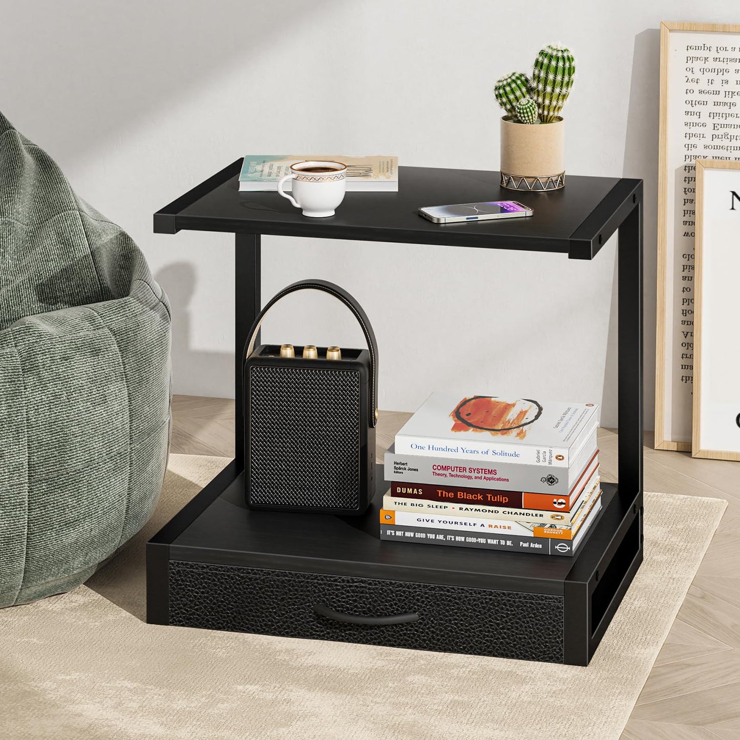 YAOHUOO 2-Tier Desktop Printer Stand with Fabric Drawer, Prtiner Table with Storage Shelf, Desk Organizer for Home Office,3D Printer,Fax Machine,Scanner, 17.3"x11.8" Black