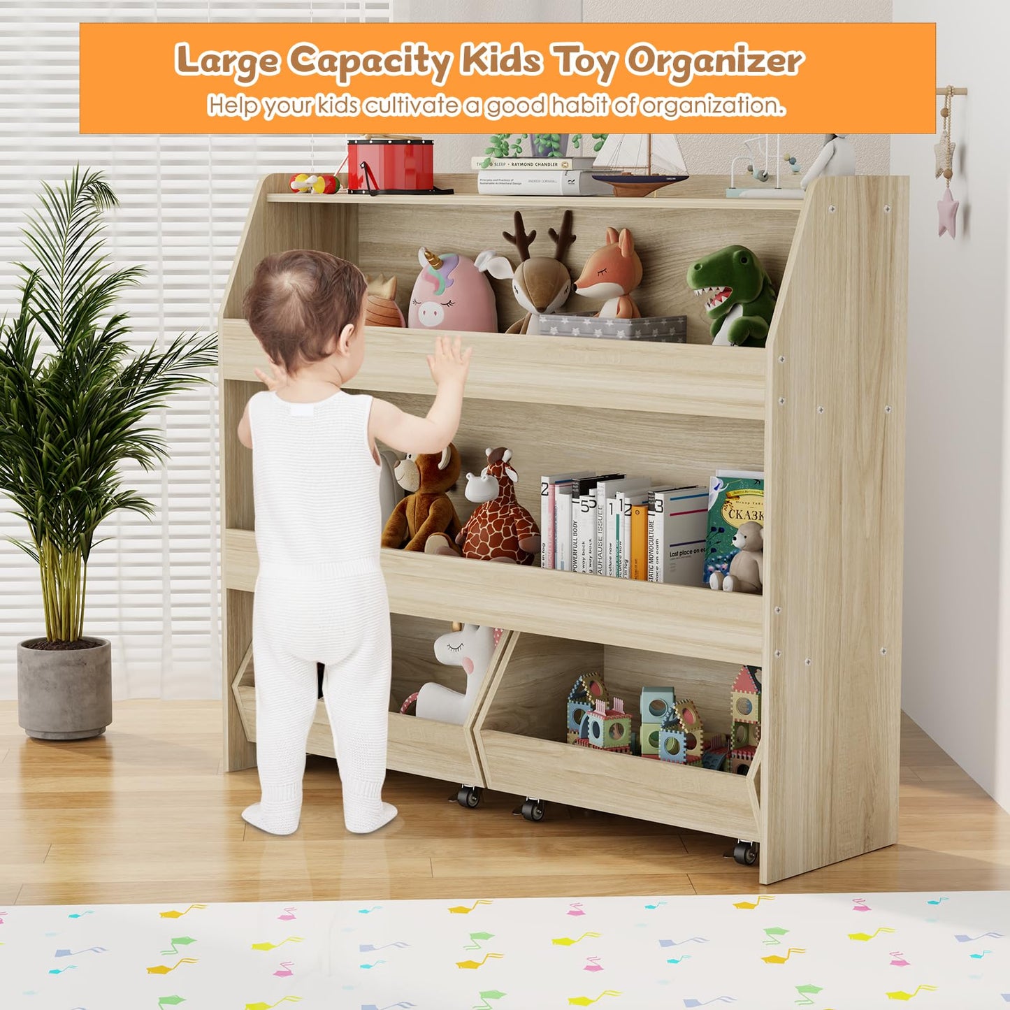COZPAW Toy Storage Organizer, 3 Tier Montessori Shelf with Movable Bins (Wood)