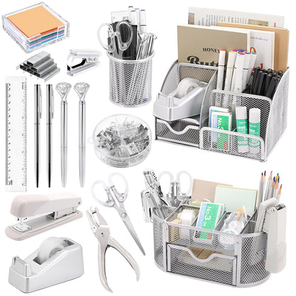 17 in1 Silvery Desk Organizers and Accessories Set, 3 Office Desk Supplies Storage Organization, 4 Pens, Stapler, Staples & Remover, Tape & Dispenser, Scissors, Ruler, Clips, Hole Punch Back to School