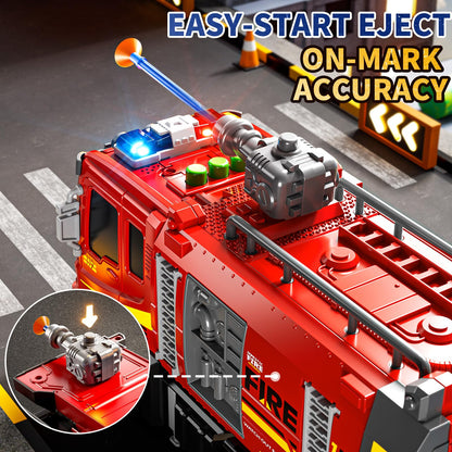 DULONIME Fire Trucks for Toddlers 1-3, Firetruck Toys for Toddlers 1-3 3-5, Folded Carrier Truck Race Track with 6 Racing Car Toys, Light Sound, Birthdays for Kids Girls Aged 3-9