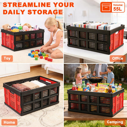 Shineyaplus 55L Collapsible Milk Crate for Storage, Plastic Crates 1 Pack, Collapsible 55lbs Heavy Duty Storage Crates for Home, Camping, Organizing