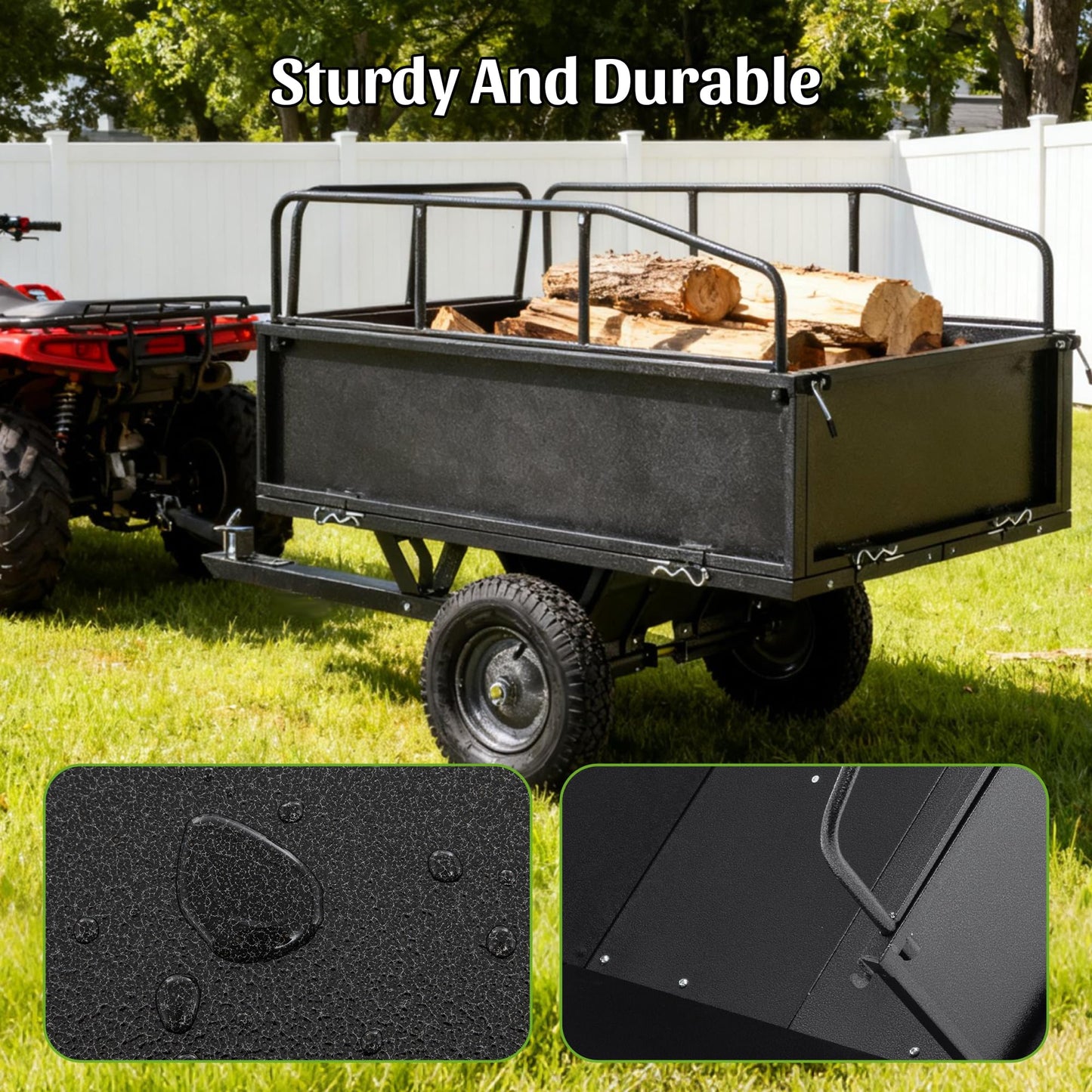 KEIKI 600 lb Garden Dump Cart with Tow Hitch, 17 Cu Ft Heavy Duty Steel Utility Trailer, Dual Dumping Lawn Cart with 16" Tires for ATV UTV Tractor Yard Hauling